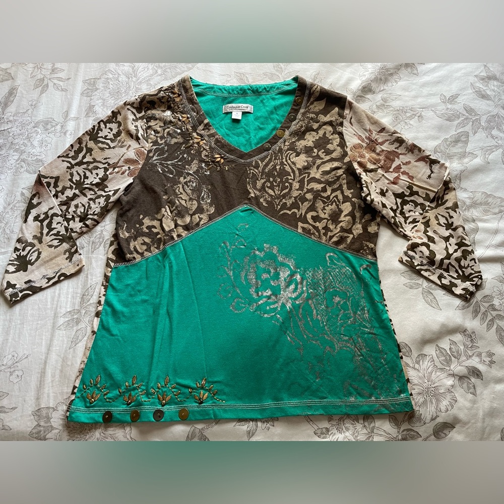 Y2K‎ Teal Brown Embellished 3/4 Sleeve Top Medium Fairycore Goblincore Phoebe